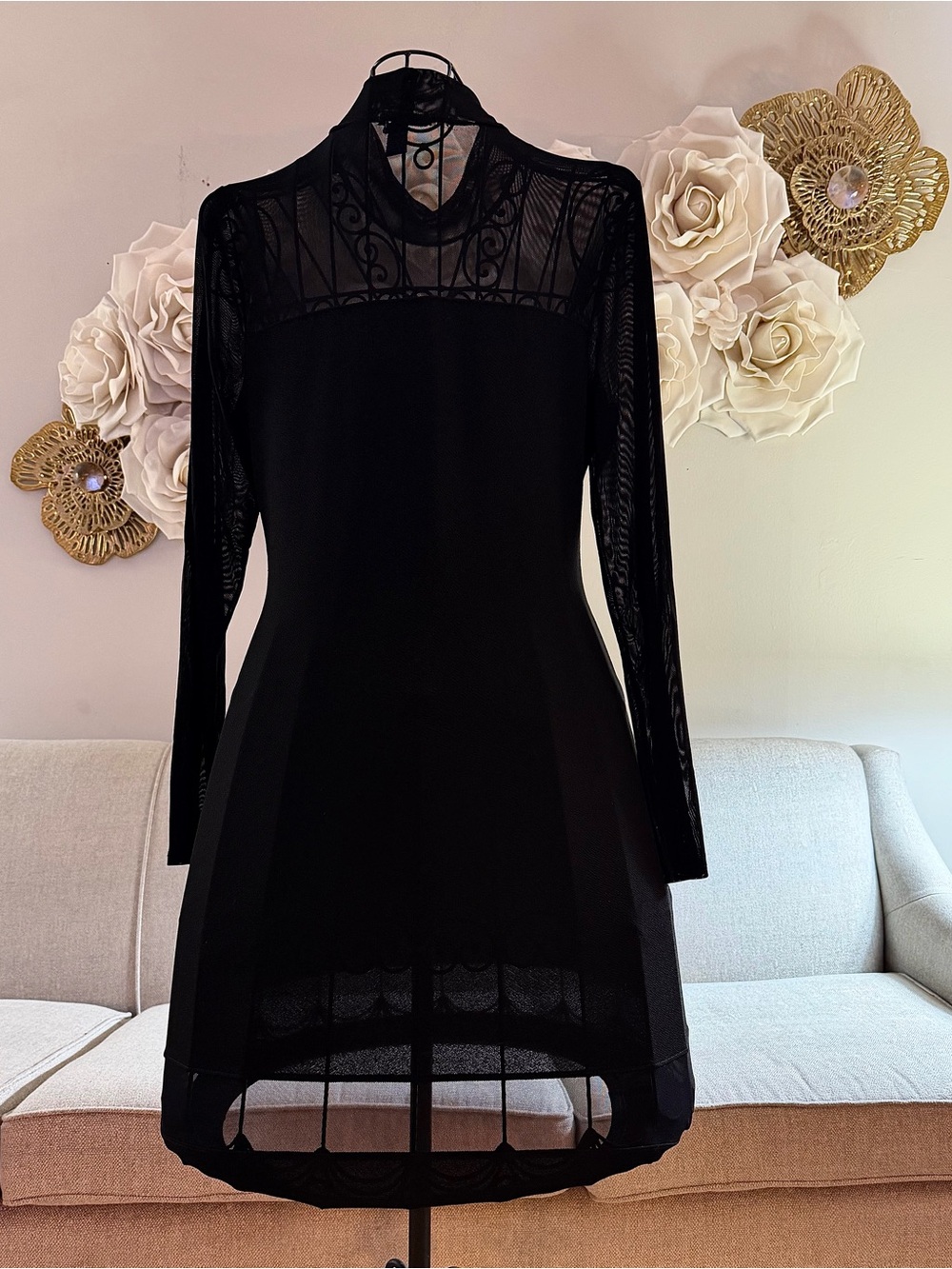 Black Long-Sleeve Sheer Yoke A-Line Dress